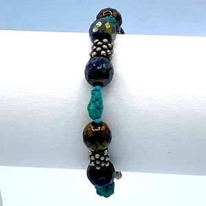 Textured Hand Crafted Turquoise, Black Faceted Crystal Beaded Bracelet